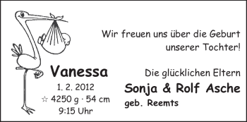 Babyanzeige von Vanessa  von Nordwest-Zeitung