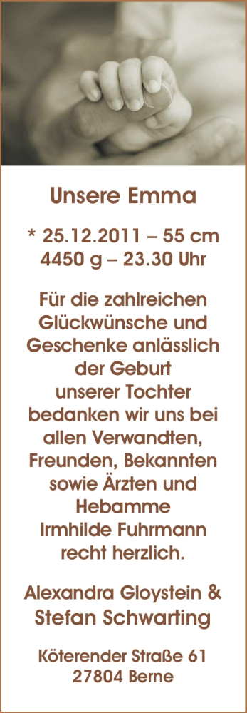 Babyanzeige von Emma  von Nordwest-Zeitung