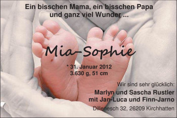 Babyanzeige von Mia-Sophie Rustler von Nordwest-Zeitung