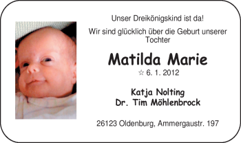 Babyanzeige von Matilda Marie  von Nordwest-Zeitung
