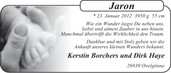Babyanzeige von Jaron  von Nordwest-Zeitung