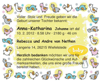 Babyanzeige von Anna-Katharina Johanne von Nethen von Nordwest-Zeitung