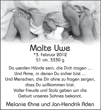Babyanzeige von Malte Uwe  von Nordwest-Zeitung