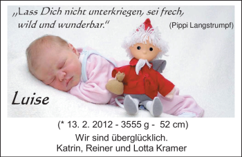 Babyanzeige von Luise Kramer von Nordwest-Zeitung
