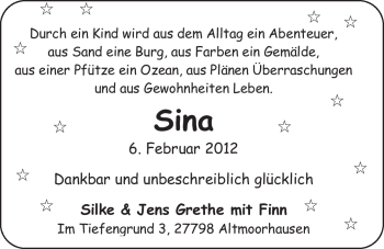 Babyanzeige von Sina Grethe von Nordwest-Zeitung