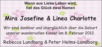 Babyanzeige von Mira Josefine und Linea Carlotte  von Nordwest-Zeitung