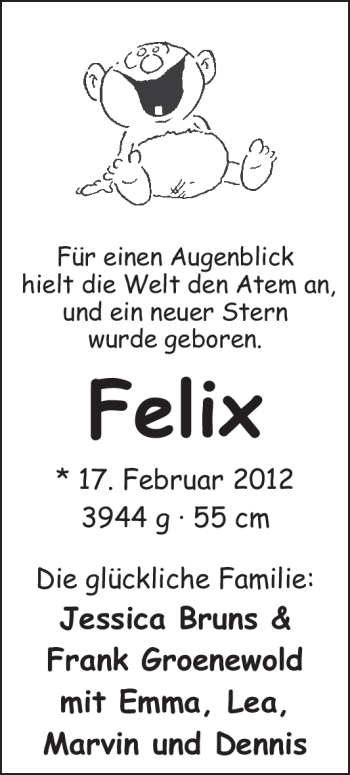 Babyanzeige von Felix Groenewold von Nordwest-Zeitung