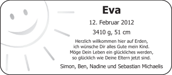Babyanzeige von Eva Michaelis von Nordwest-Zeitung