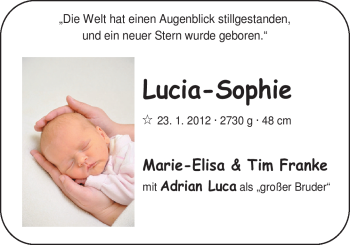 Babyanzeige von Lucia-Sophie  von Nordwest-Zeitung