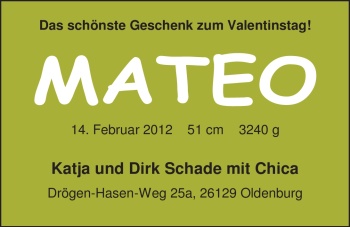 Babyanzeige von Mateo Schade von Nordwest-Zeitung