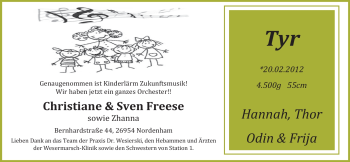 Babyanzeige von Tyr Freese von Nordwest-Zeitung