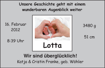 Babyanzeige von Lotta  von Nordwest-Zeitung