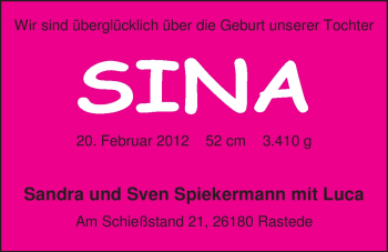 Babyanzeige von Sina  von Nordwest-Zeitung