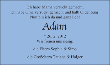Babyanzeige von Adam  von Nordwest-Zeitung