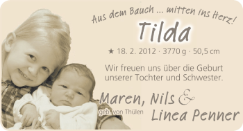 Babyanzeige von Tilda  von Nordwest-Zeitung