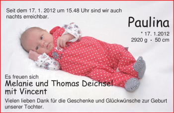 Babyanzeige von Paulina Deichsel von Nordwest-Zeitung