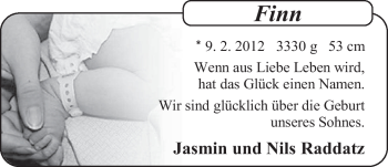 Babyanzeige von Finn Raddatz von Nordwest-Zeitung