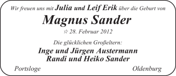 Babyanzeige von Magnus Sander von Nordwest-Zeitung
