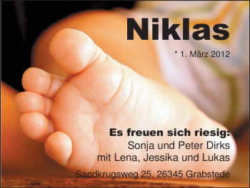 Babyanzeige von Niklas  von Nordwest-Zeitung