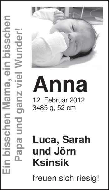 Babyanzeige von Anna Ksinsik von Nordwest-Zeitung