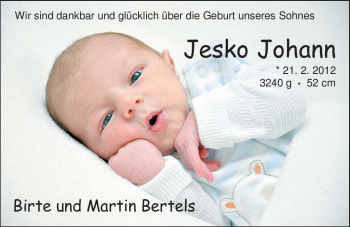 Babyanzeige von Jesko Johann Bertels von Nordwest-Zeitung