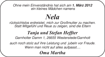 Babyanzeige von Nela  von Nordwest-Zeitung