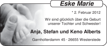 Babyanzeige von Eske Marie Alberts von Nordwest-Zeitung