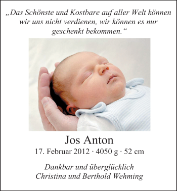 Babyanzeige von Jos Anton Wehming von Nordwest-Zeitung
