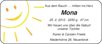 Babyanzeige von Mona Freels von Nordwest-Zeitung
