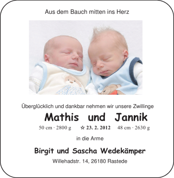 Babyanzeige von Mathis und Jannik  von Nordwest-Zeitung