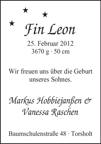 Babyanzeige von Fin Leon  von Nordwest-Zeitung
