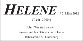 Babyanzeige von Helene Detmers von Nordwest-Zeitung