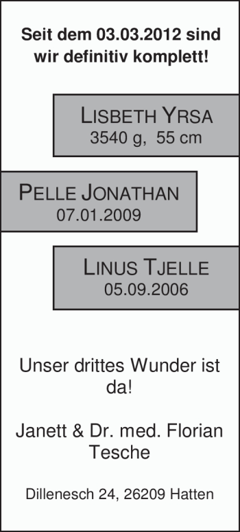 Babyanzeige von Lisbeth Tesche von Nordwest-Zeitung