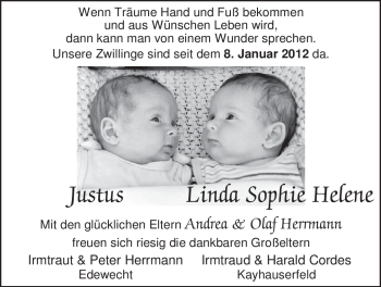 Babyanzeige von Justus und Linda Sophie Helene Herrmann von Nordwest-Zeitung