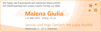 Babyanzeige von Malena Giulia  von Nordwest-Zeitung