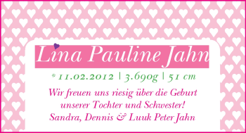 Babyanzeige von Lina Pauline Jahn von Nordwest-Zeitung