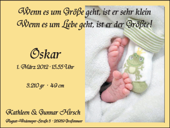 Babyanzeige von Oskar  von Nordwest-Zeitung