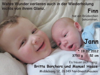 Babyanzeige von Jann  von Nordwest-Zeitung