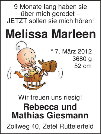 Babyanzeige von Melissa Marlee  von Nordwest-Zeitung