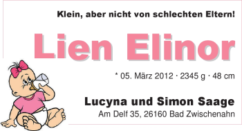 Babyanzeige von Lien Elinor Saage von Nordwest-Zeitung
