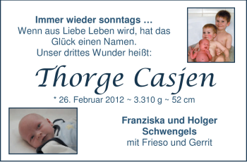 Babyanzeige von Thorge Casjen  von Nordwest-Zeitung