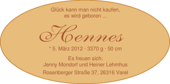 Babyanzeige von Hennes  von Nordwest-Zeitung