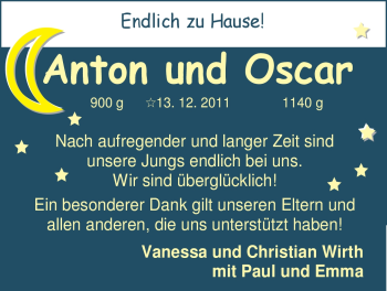 Babyanzeige von Anton und Oscar Wirth von Nordwest-Zeitung