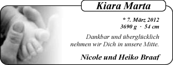 Babyanzeige von Kiara Marta Braaf von Nordwest-Zeitung