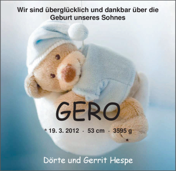 Babyanzeige von Gero Hespe von Nordwest-Zeitung