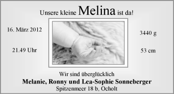 Babyanzeige von Melina Sonneberger von Nordwest-Zeitung