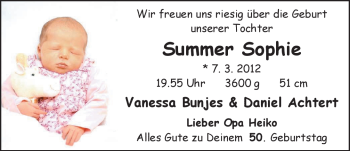 Babyanzeige von Summer Sophie Bunjes von Nordwest-Zeitung