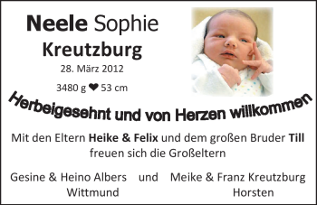 Babyanzeige von Neele Sophie Kreutzburg von Nordwest-Zeitung