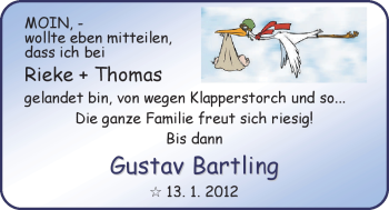 Babyanzeige von Gustav Bartling von Nordwest-Zeitung