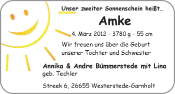 Babyanzeige von Amke Bümmerstede von Nordwest-Zeitung